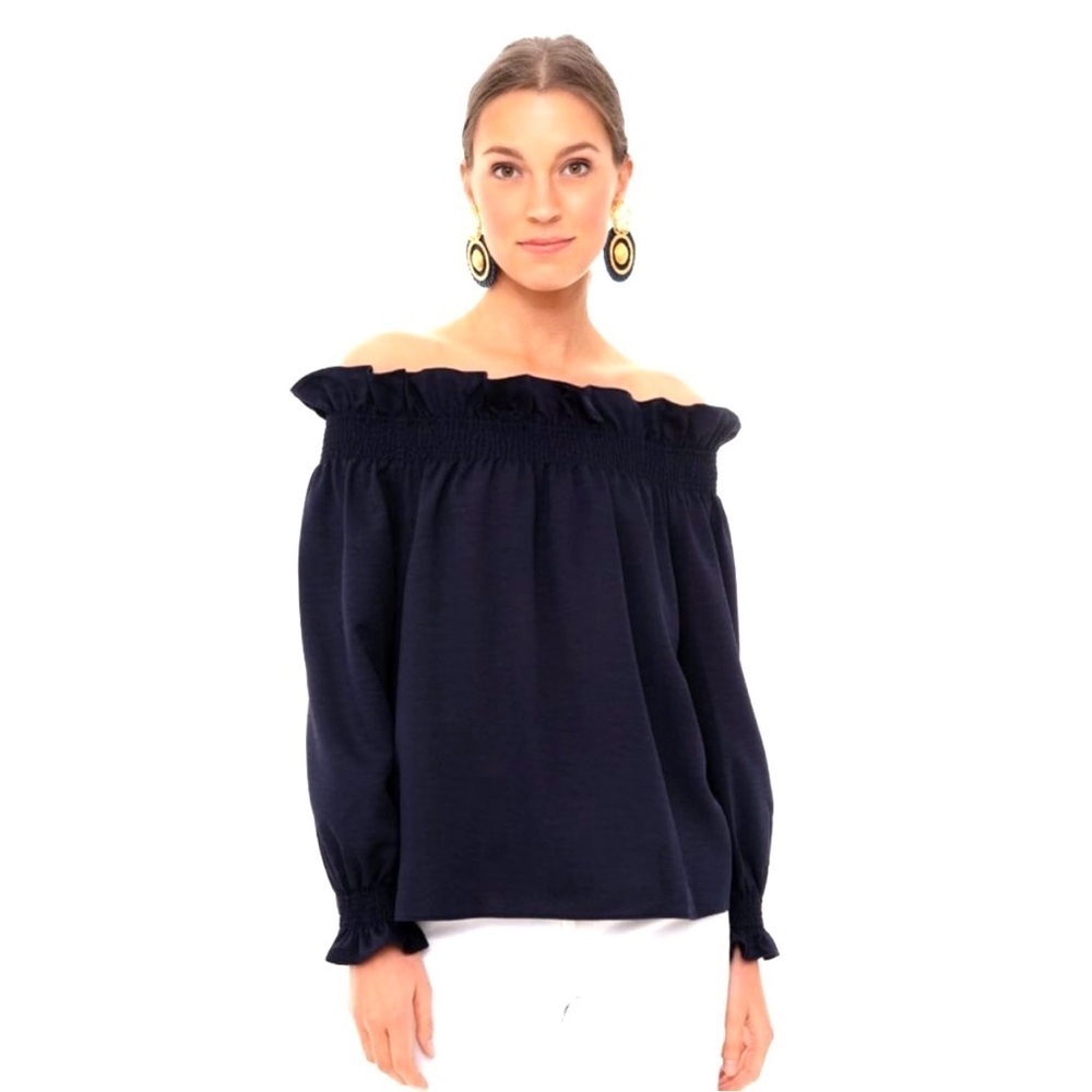 Tuckernuck Navy Off the Shoulder Marguerite Blouse Ruffle Sleeve Top Size S